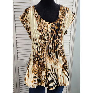 Cato Top 18/20W Leopard Accordion Pleated Sleeveless Stretch Satin Blouse